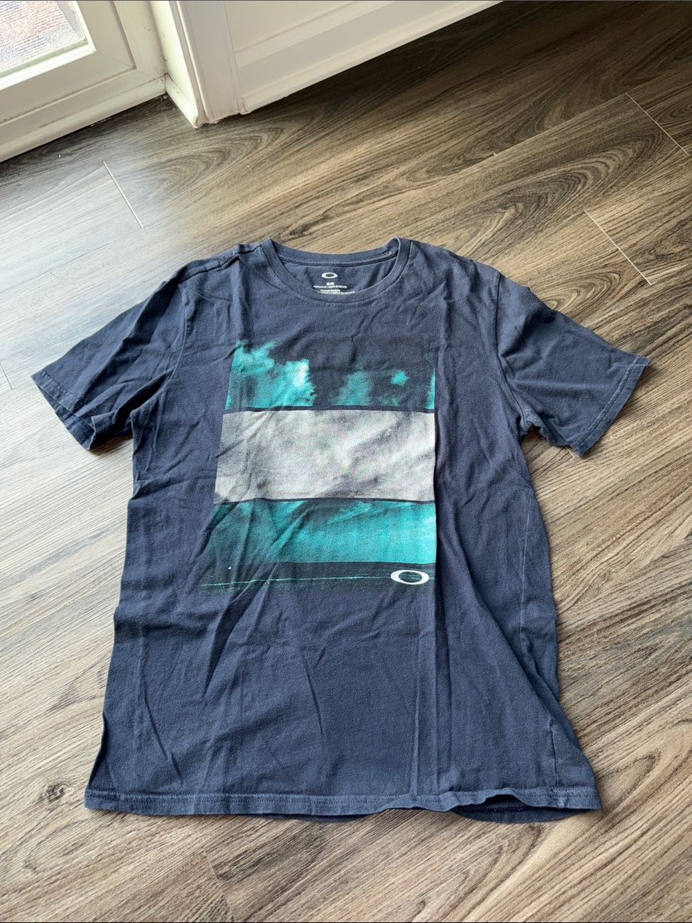 Oakley Men's Navy Tee with Teal and Gray Graphic Blocks
